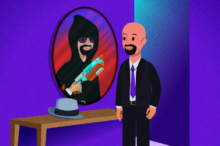 man looking in a mirror and a different man looking back at him in the reflection