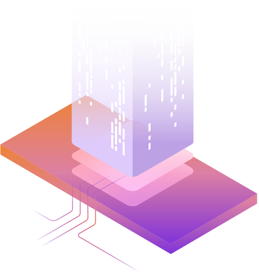 Tall cube with digital texture on top of a 3D rectangle