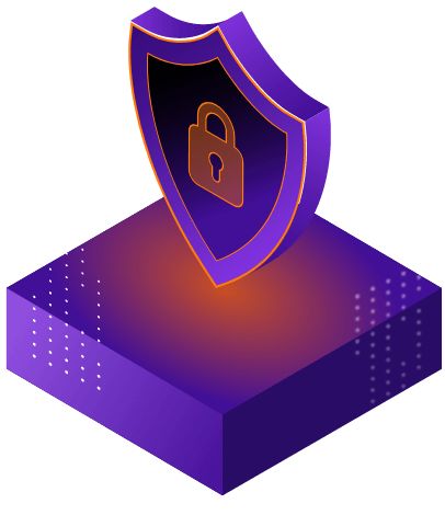 3D purple and orange cube and shield with padlock