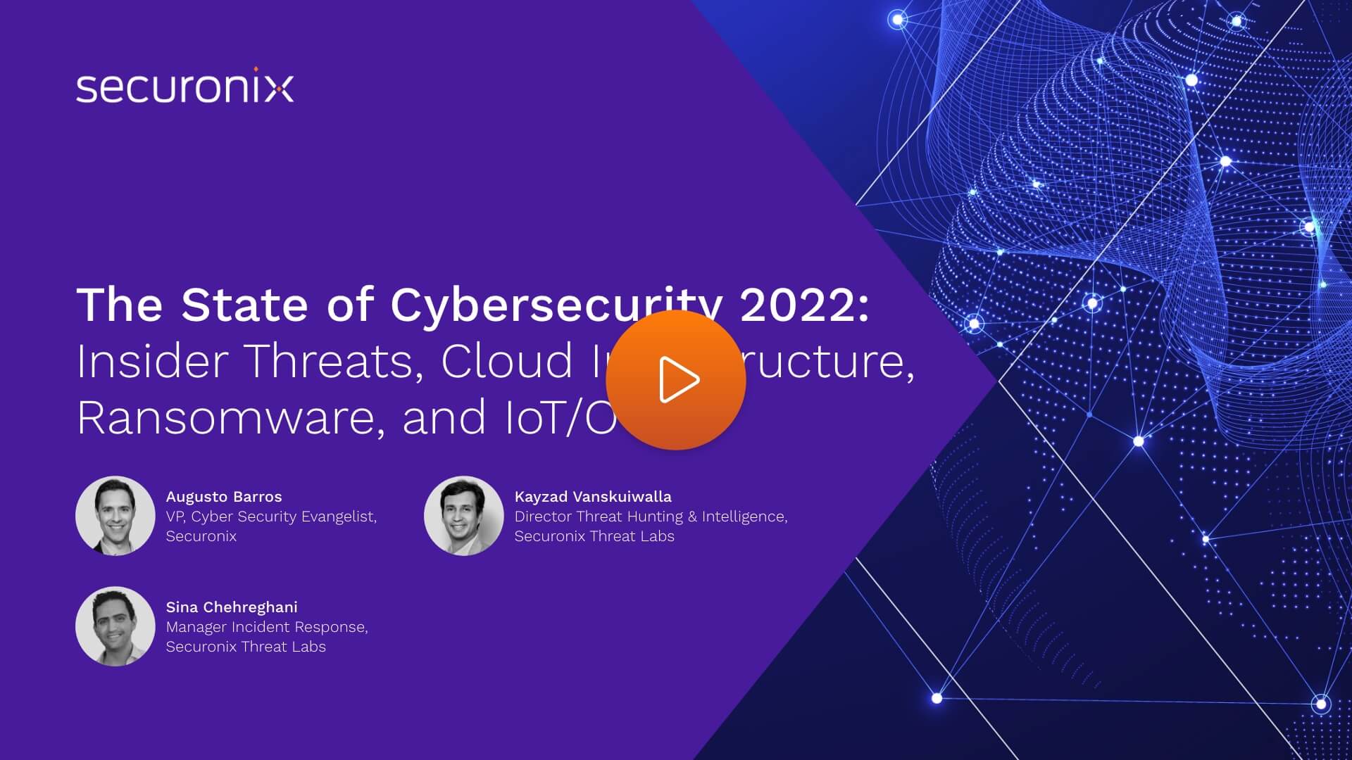 securonix logo and headshots of Augusto Barros, Kayzad Vanskuiwalla, and Sina Chehreghani