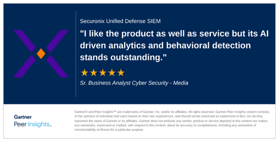 Gartner Peer Insights Testimonial - 5 star rating for securonix unified defense siem.